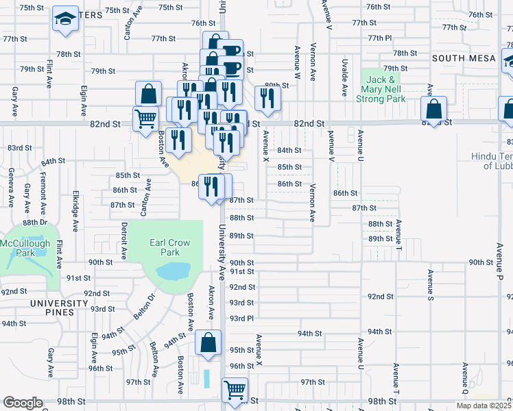 map of restaurants, bars, coffee shops, grocery stores, and more near 8610 Avenue X in Lubbock