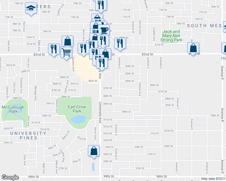 map of restaurants, bars, coffee shops, grocery stores, and more near 8610 Avenue X in Lubbock