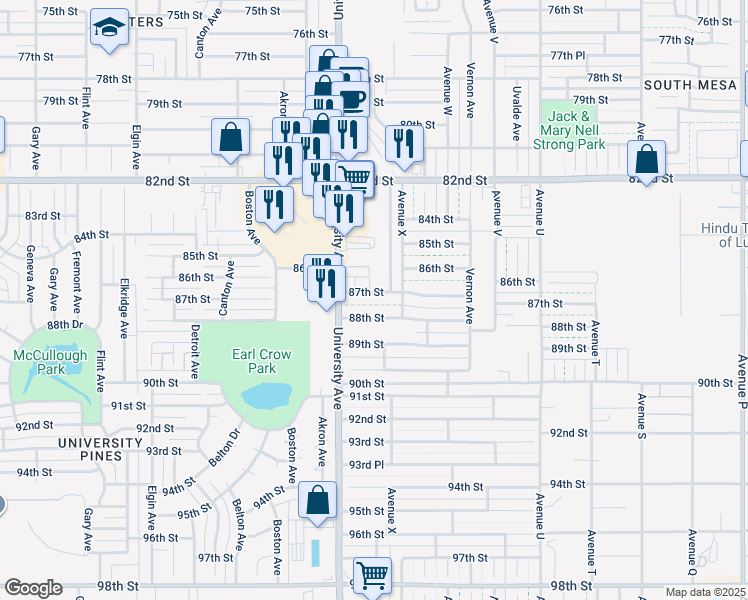 map of restaurants, bars, coffee shops, grocery stores, and more near 8609 University Avenue in Lubbock