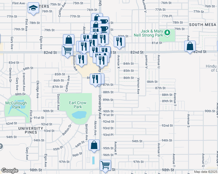 map of restaurants, bars, coffee shops, grocery stores, and more near 8609 University Avenue in Lubbock