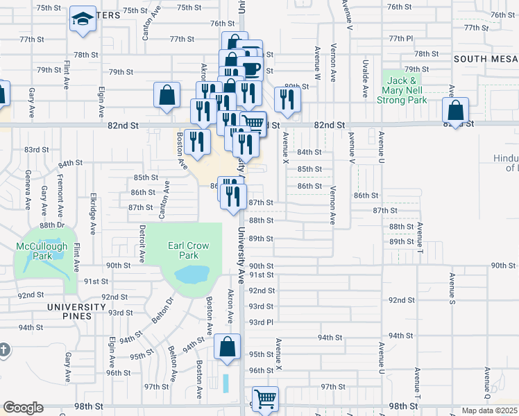 map of restaurants, bars, coffee shops, grocery stores, and more near 8609 University Avenue in Lubbock