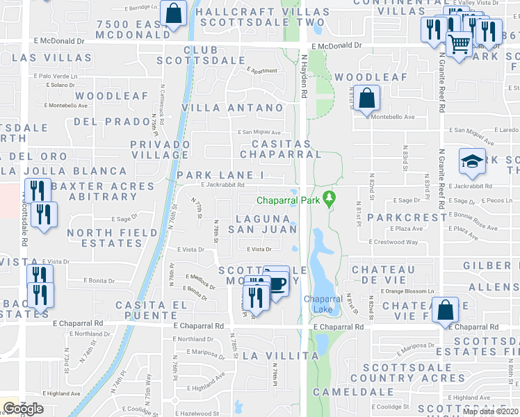 map of restaurants, bars, coffee shops, grocery stores, and more near 7852 East Sage Drive in Scottsdale