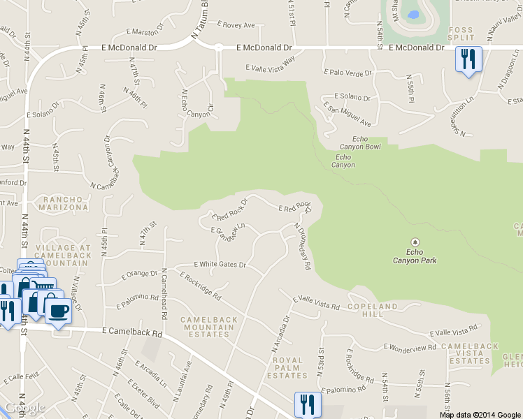 map of restaurants, bars, coffee shops, grocery stores, and more near 4950-4960 East Red Rock Drive in Phoenix