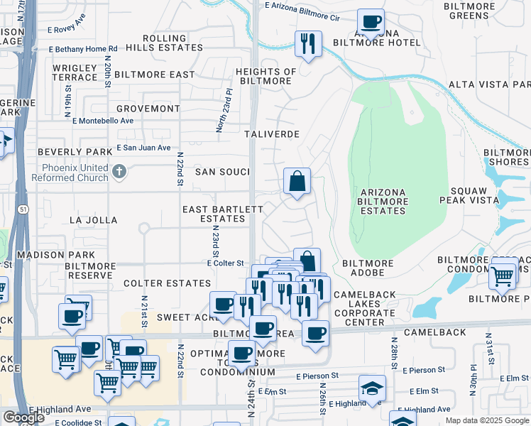 map of restaurants, bars, coffee shops, grocery stores, and more near 5442 North 25th Street in Phoenix