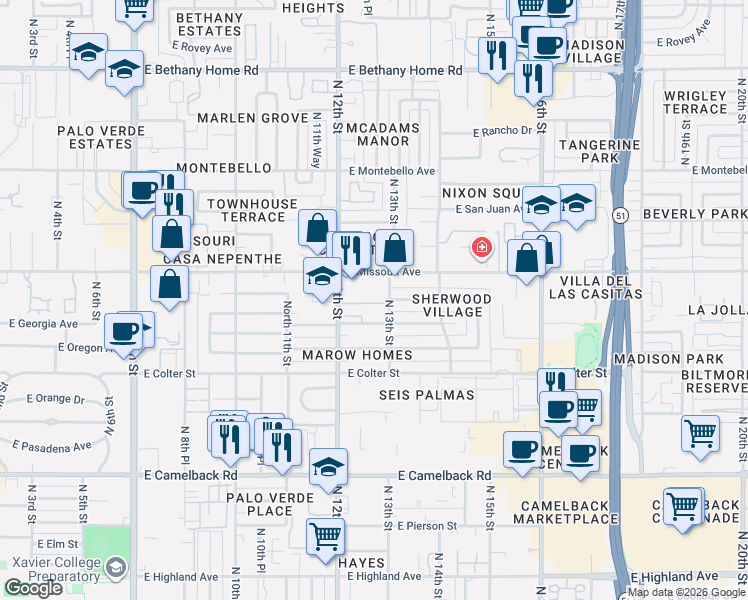 map of restaurants, bars, coffee shops, grocery stores, and more near 1277 East Missouri Avenue in Phoenix