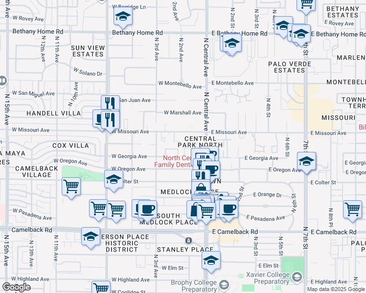 map of restaurants, bars, coffee shops, grocery stores, and more near 33 West Missouri Avenue in Phoenix