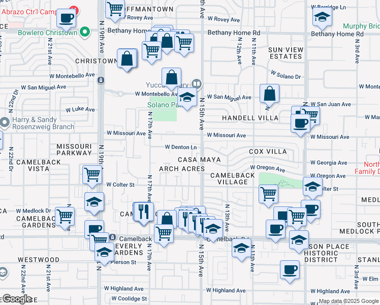 map of restaurants, bars, coffee shops, grocery stores, and more near 1507 West Denton Lane in Phoenix