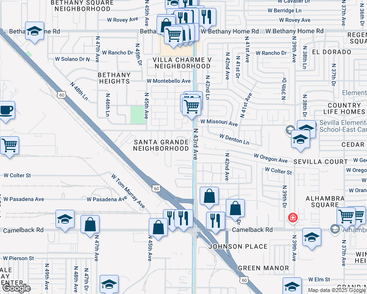 map of restaurants, bars, coffee shops, grocery stores, and more near 5484 North 43rd Avenue in Glendale