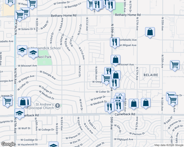 map of restaurants, bars, coffee shops, grocery stores, and more near 6001 West Missouri Avenue in Glendale