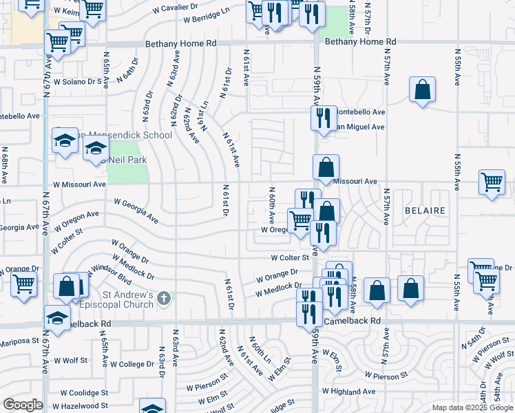 map of restaurants, bars, coffee shops, grocery stores, and more near 6001 West Missouri Avenue in Glendale