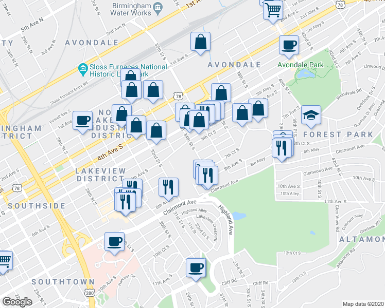 map of restaurants, bars, coffee shops, grocery stores, and more near 609 34th Street South in Birmingham