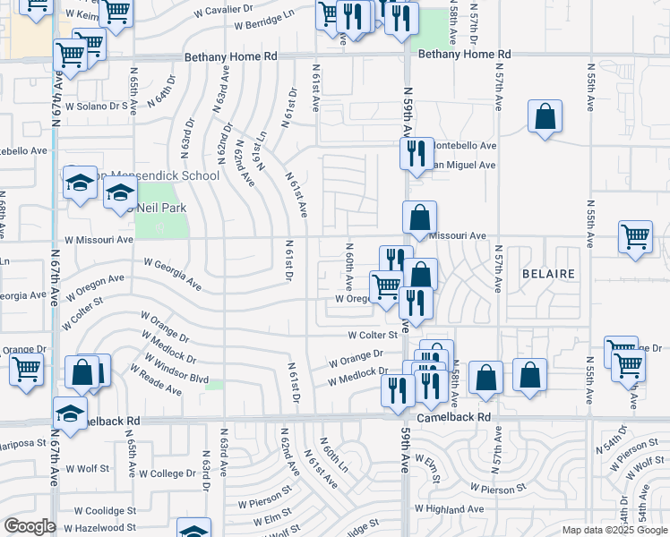 map of restaurants, bars, coffee shops, grocery stores, and more near 6001 West Missouri Avenue in Glendale