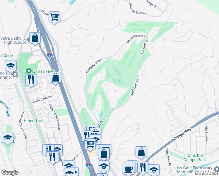 map of restaurants, bars, coffee shops, grocery stores, and more near 79 Plaza Cuesta in San Juan Capistrano