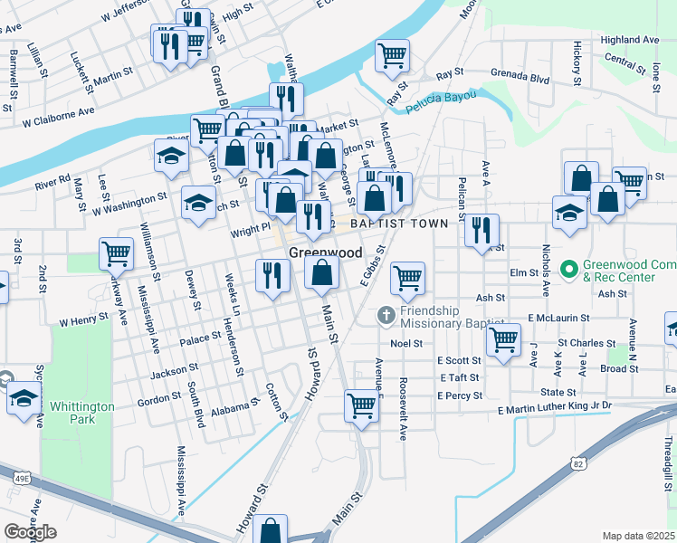 map of restaurants, bars, coffee shops, grocery stores, and more near 702 Walthall Street in Greenwood