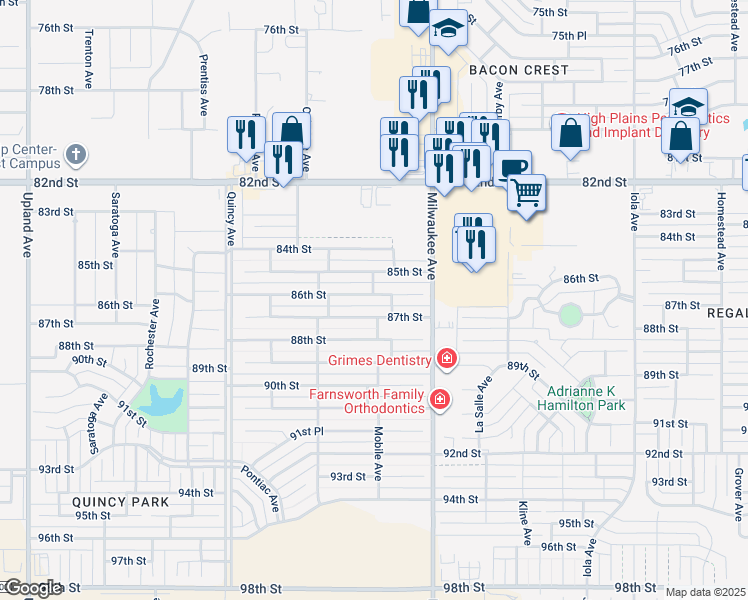 map of restaurants, bars, coffee shops, grocery stores, and more near 6527 86th Street in Lubbock