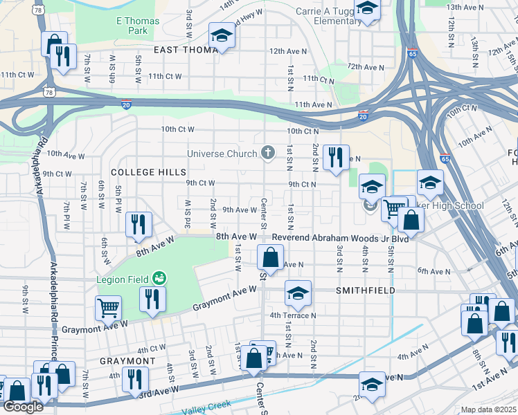 map of restaurants, bars, coffee shops, grocery stores, and more near 914 Center Street in Birmingham