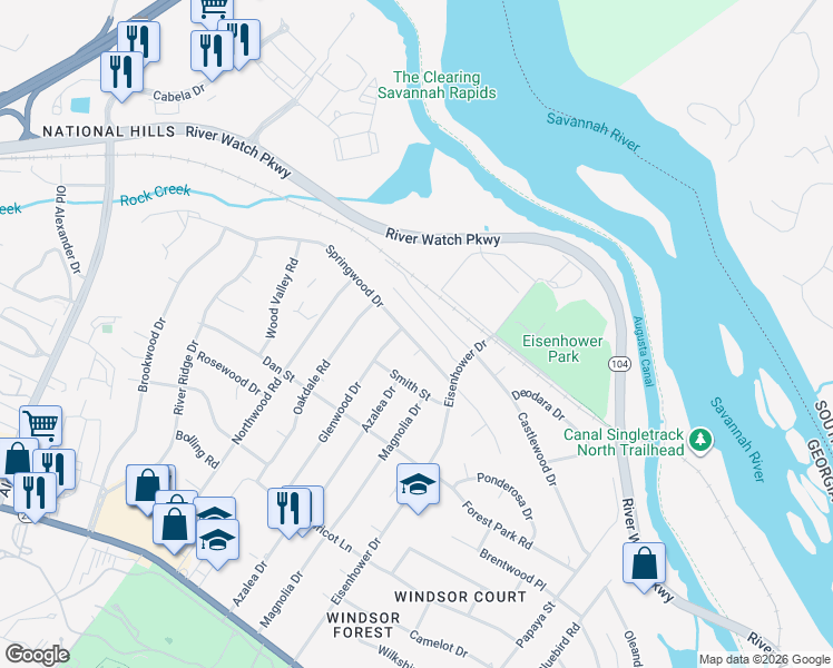 map of restaurants, bars, coffee shops, grocery stores, and more near 2615 Springwood Drive in Augusta