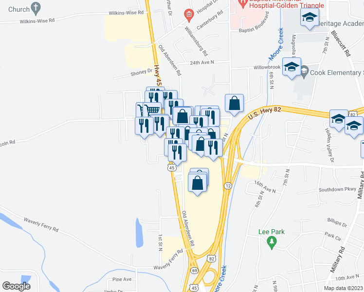 map of restaurants, bars, coffee shops, grocery stores, and more near Old Aberdeen Road in Columbus