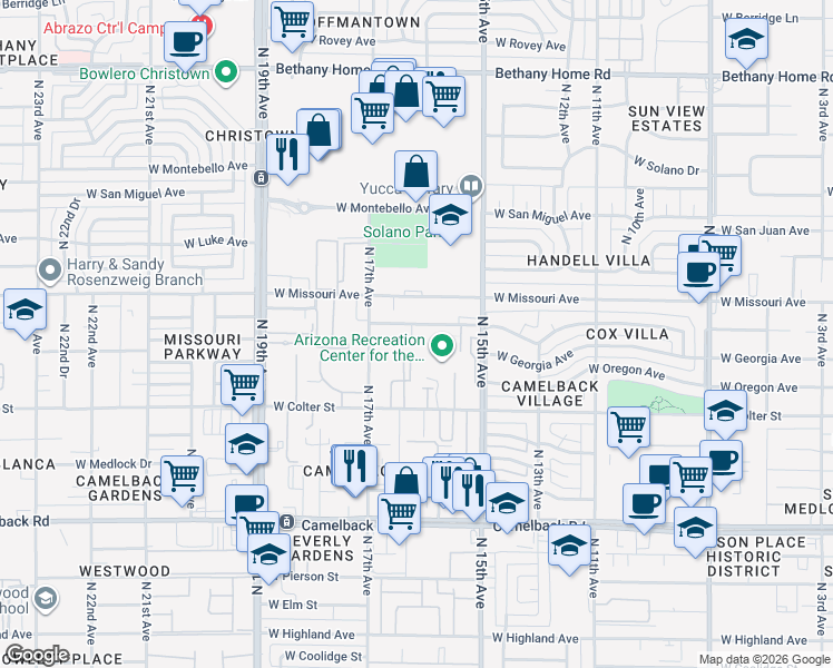 map of restaurants, bars, coffee shops, grocery stores, and more near 1603 West Denton Lane in Phoenix