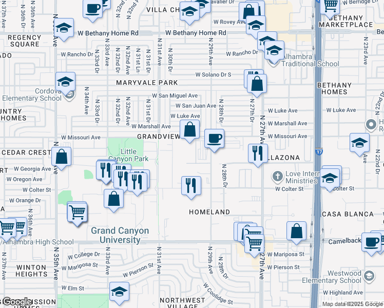 map of restaurants, bars, coffee shops, grocery stores, and more near North 30th Drive in Phoenix