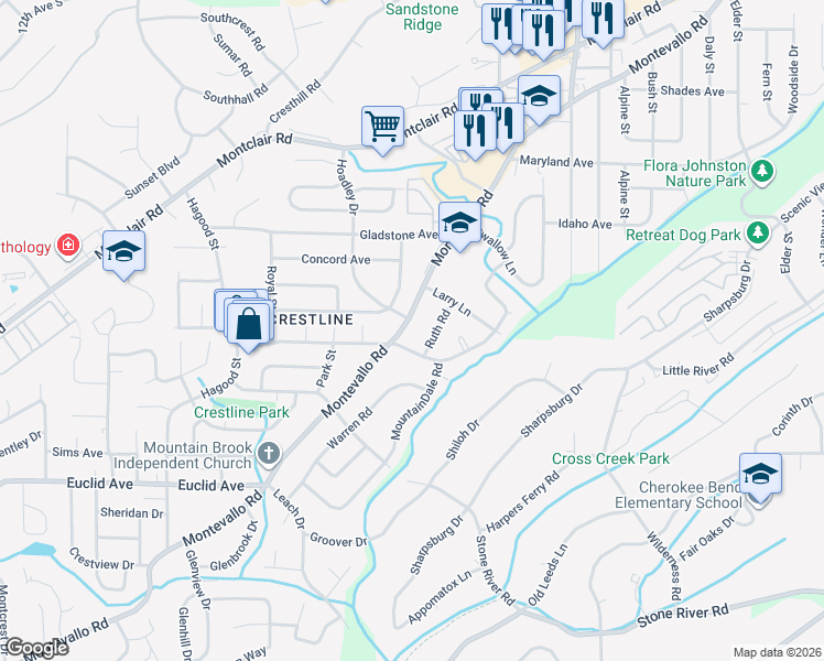 map of restaurants, bars, coffee shops, grocery stores, and more near 4361 Montevallo Road in Birmingham