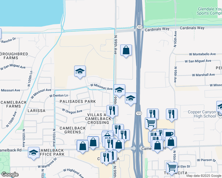 map of restaurants, bars, coffee shops, grocery stores, and more near 9004 West Missouri Avenue in Phoenix