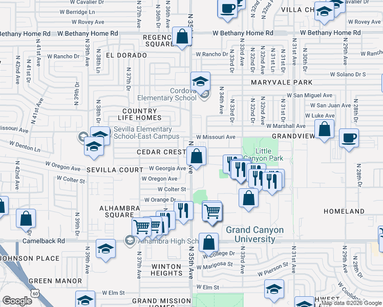 map of restaurants, bars, coffee shops, grocery stores, and more near 5317 North 35th Avenue in Phoenix