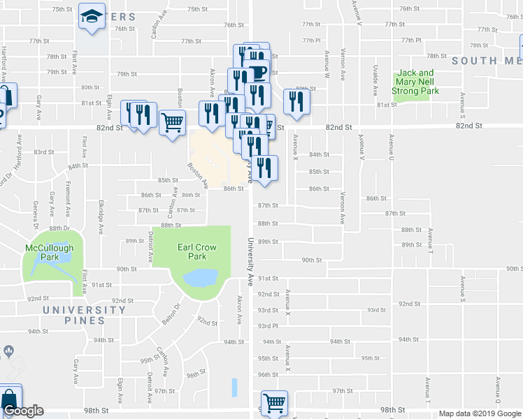 map of restaurants, bars, coffee shops, grocery stores, and more near 2421 87th Street in Lubbock