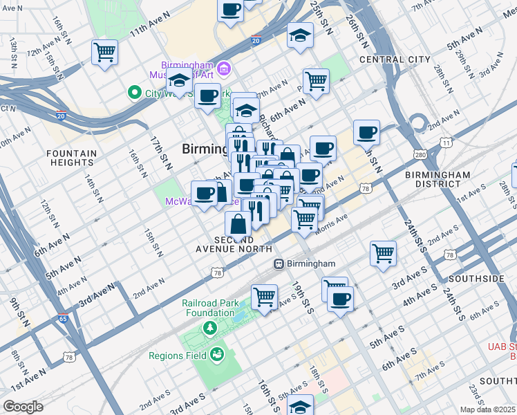 map of restaurants, bars, coffee shops, grocery stores, and more near 1900 3rd Avenue North in Birmingham