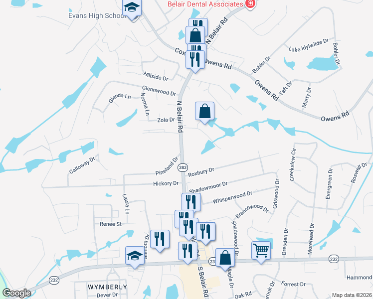 map of restaurants, bars, coffee shops, grocery stores, and more near 217 Georgia 383 in Evans