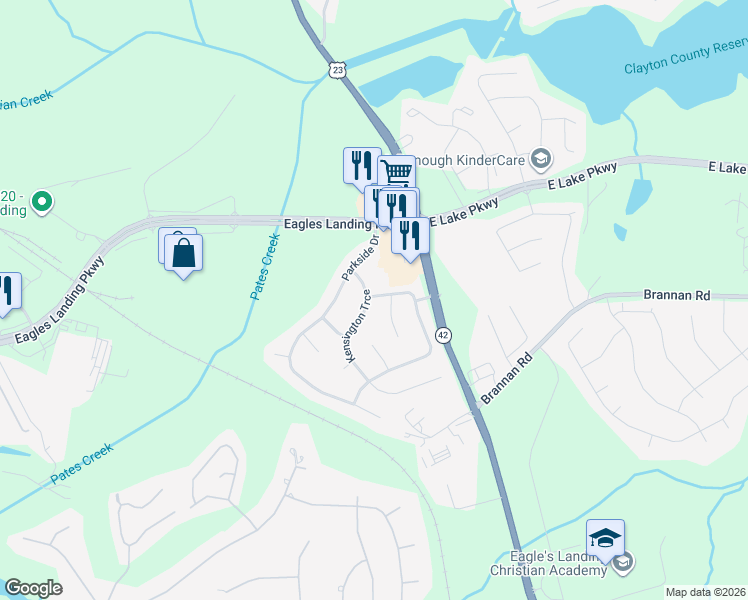 map of restaurants, bars, coffee shops, grocery stores, and more near 180 Kensington Trce in Stockbridge