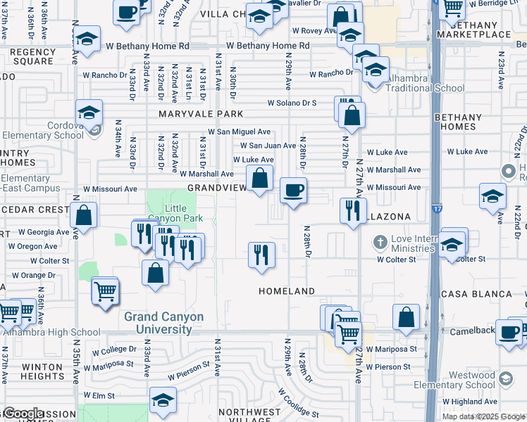map of restaurants, bars, coffee shops, grocery stores, and more near North 30th Drive in Phoenix