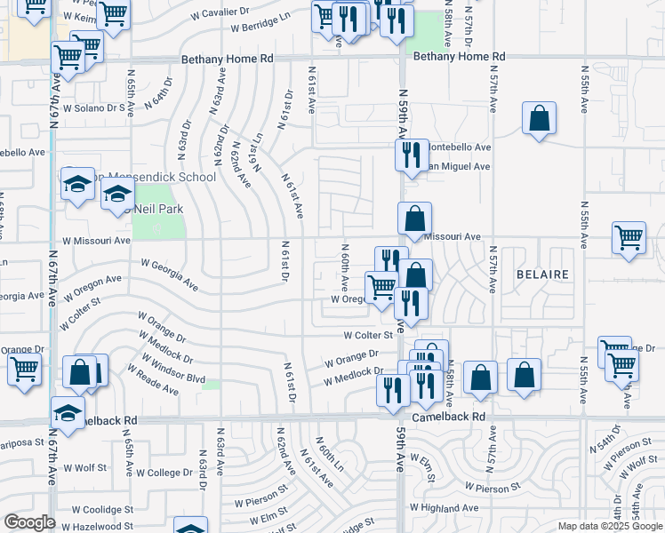 map of restaurants, bars, coffee shops, grocery stores, and more near 6001 West Missouri Avenue in Glendale