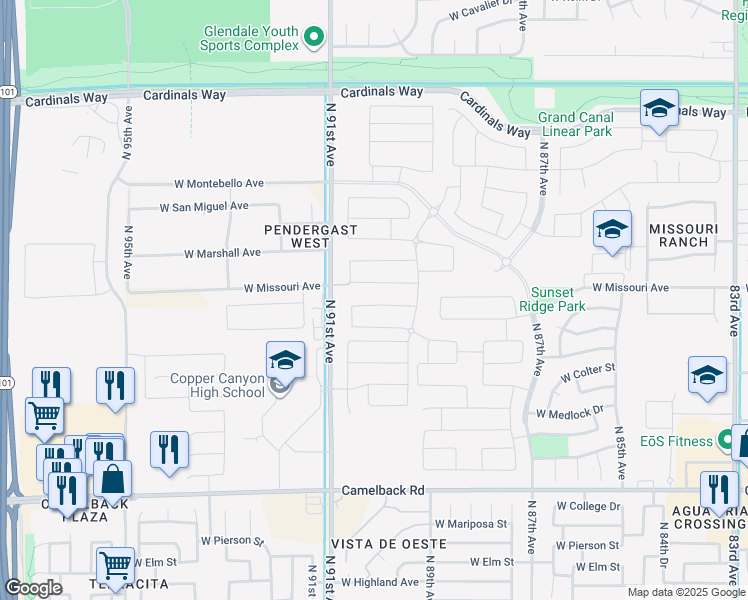 map of restaurants, bars, coffee shops, grocery stores, and more near 9004 West Missouri Avenue in Glendale