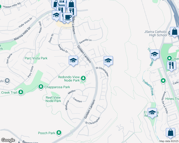 map of restaurants, bars, coffee shops, grocery stores, and more near 20 Saint Christopher in Laguna Niguel