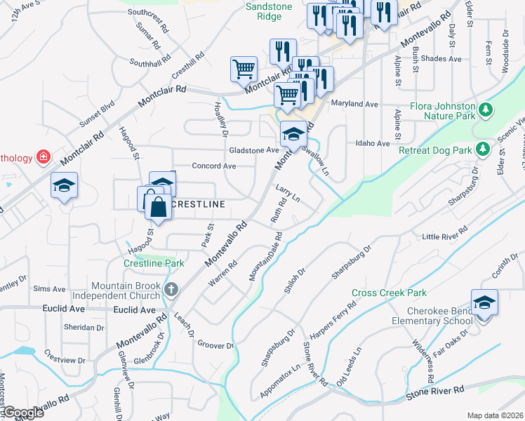 map of restaurants, bars, coffee shops, grocery stores, and more near 4361 Montevallo Road in Birmingham