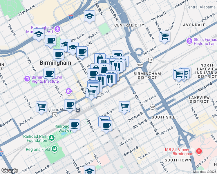 map of restaurants, bars, coffee shops, grocery stores, and more near 2219 1st Avenue North in Birmingham