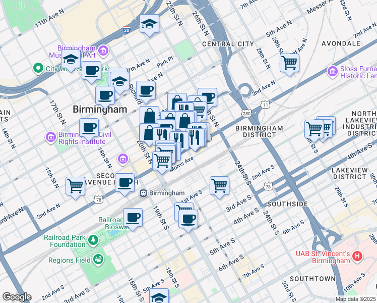 map of restaurants, bars, coffee shops, grocery stores, and more near 2126 1st Avenue North in Birmingham