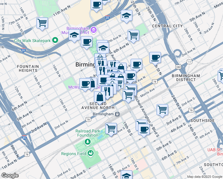 map of restaurants, bars, coffee shops, grocery stores, and more near 1900 3rd Avenue North in Birmingham