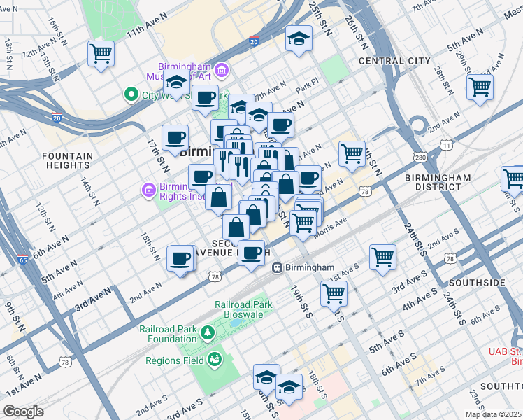 map of restaurants, bars, coffee shops, grocery stores, and more near 1900 3rd Avenue North in Birmingham