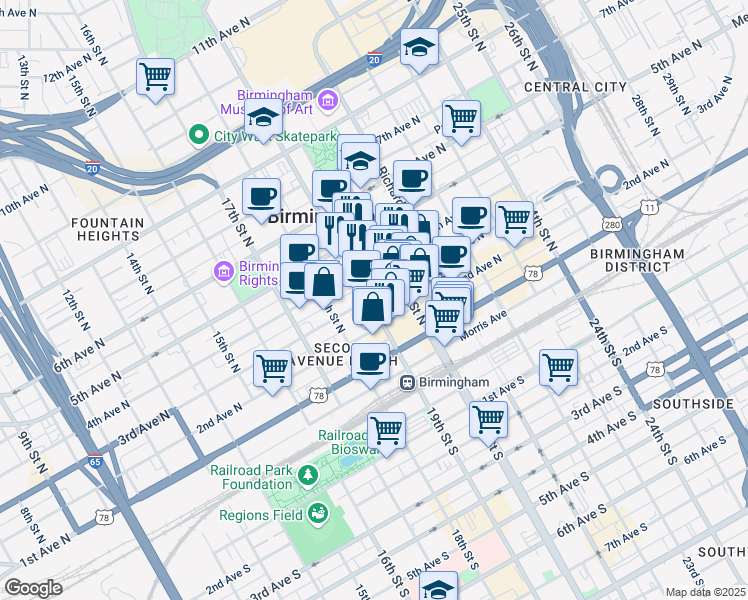 map of restaurants, bars, coffee shops, grocery stores, and more near 1900 3rd Avenue North in Birmingham