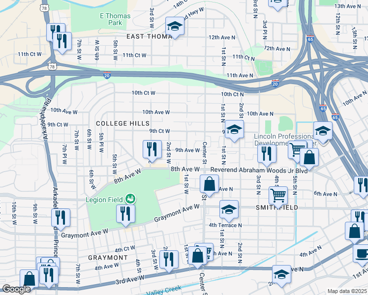 map of restaurants, bars, coffee shops, grocery stores, and more near 112 9th Avenue West in Birmingham