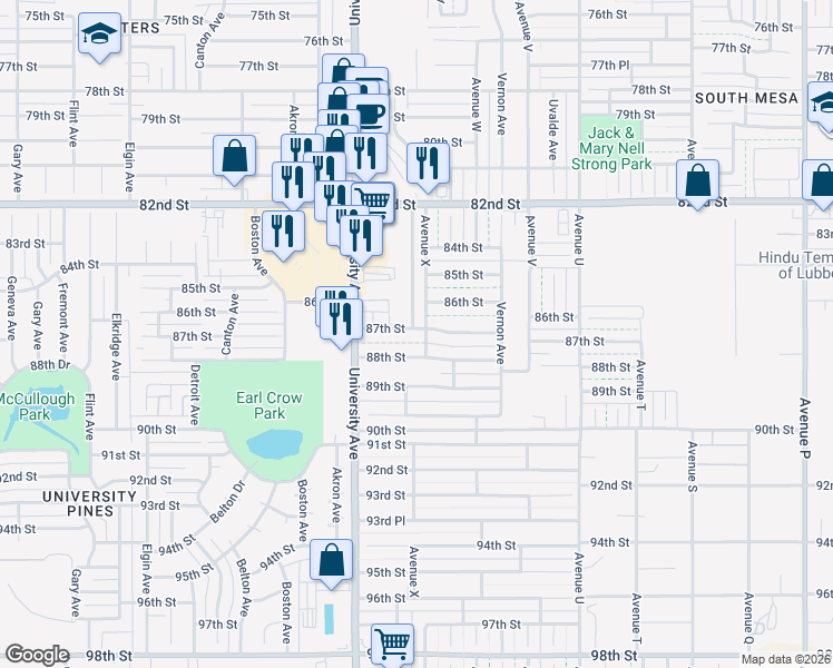 map of restaurants, bars, coffee shops, grocery stores, and more near 8610 Avenue X in Lubbock