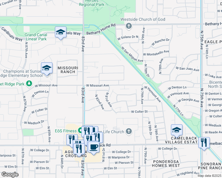 map of restaurants, bars, coffee shops, grocery stores, and more near 5446 North 80th Lane in Glendale