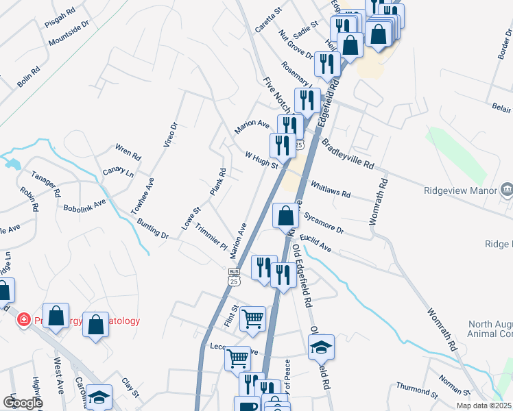 map of restaurants, bars, coffee shops, grocery stores, and more near 1729 Marion Avenue in North Augusta
