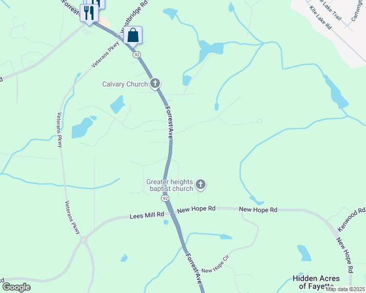 map of restaurants, bars, coffee shops, grocery stores, and more near 1325 Georgia 92 in Fayetteville