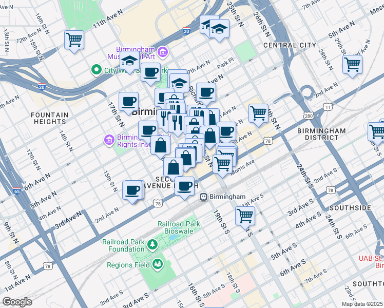 map of restaurants, bars, coffee shops, grocery stores, and more near 1900 3rd Avenue North in Birmingham