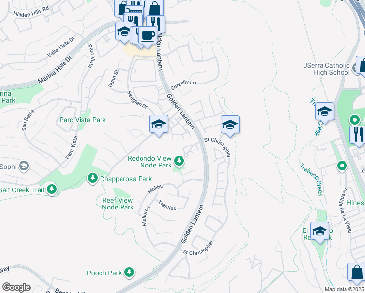 map of restaurants, bars, coffee shops, grocery stores, and more near 5 Silver Glade Drive in Laguna Niguel