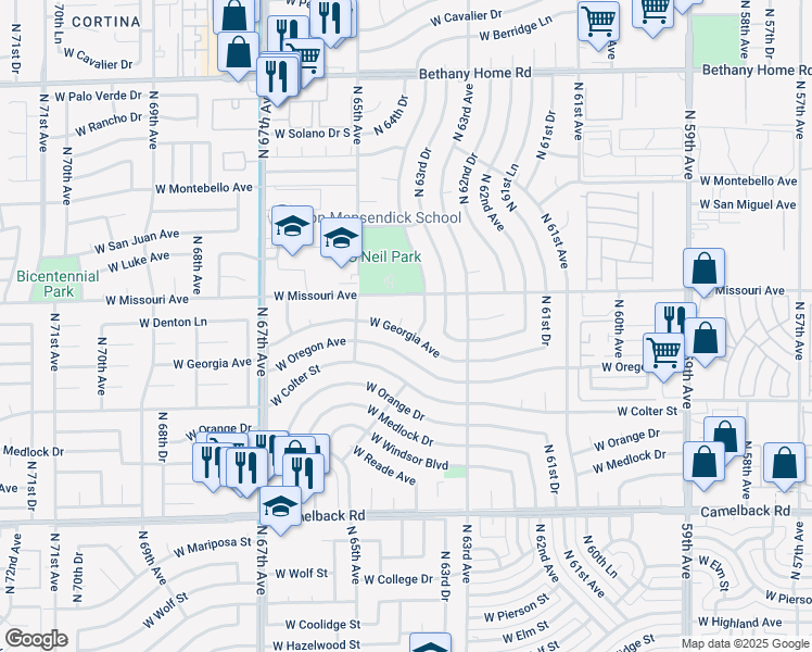 map of restaurants, bars, coffee shops, grocery stores, and more near 5422 North 64th Avenue in Glendale