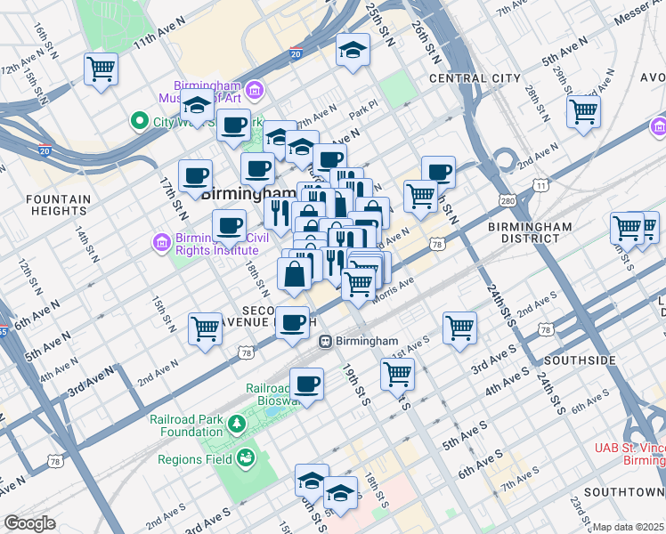 map of restaurants, bars, coffee shops, grocery stores, and more near 217 20th Street North in Birmingham